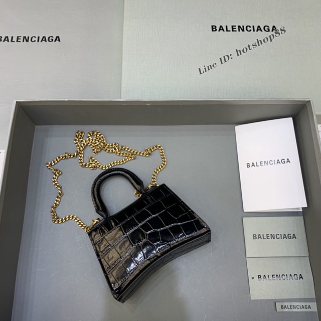 Balenciaga專櫃爆款mini Hourglass沙漏包 巴黎世家鱷魚紋黑色金扣超迷你號手提肩背女包 fyj1552